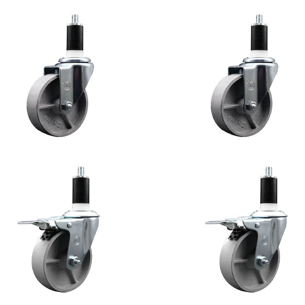 4'' Semi Steel Swivel 1-3/8'' Expanding Stem Caster Set 2 Total Lock Brakes, 4PK